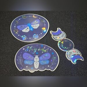 Holographic Moth and Moon Stickers - Set Of 3
